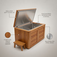 Cold Plunge Tub Built for Daily Recovery, Cedar Cabinet, 304 Stainless Steel, Multi-Stage Filtration — infographic