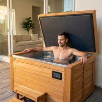Cold Plunge Tub Built for Daily Recovery, Cedar Cabinet, 304 Stainless Steel, Multi-Stage Filtration — Lifestyle