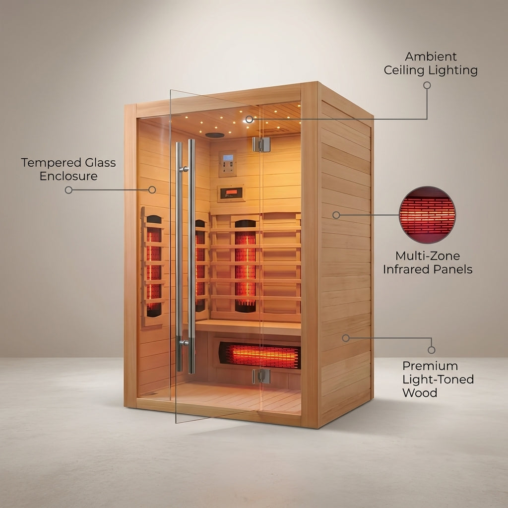 Heliox LuminaWood Infrared Sauna Cabin — infographic